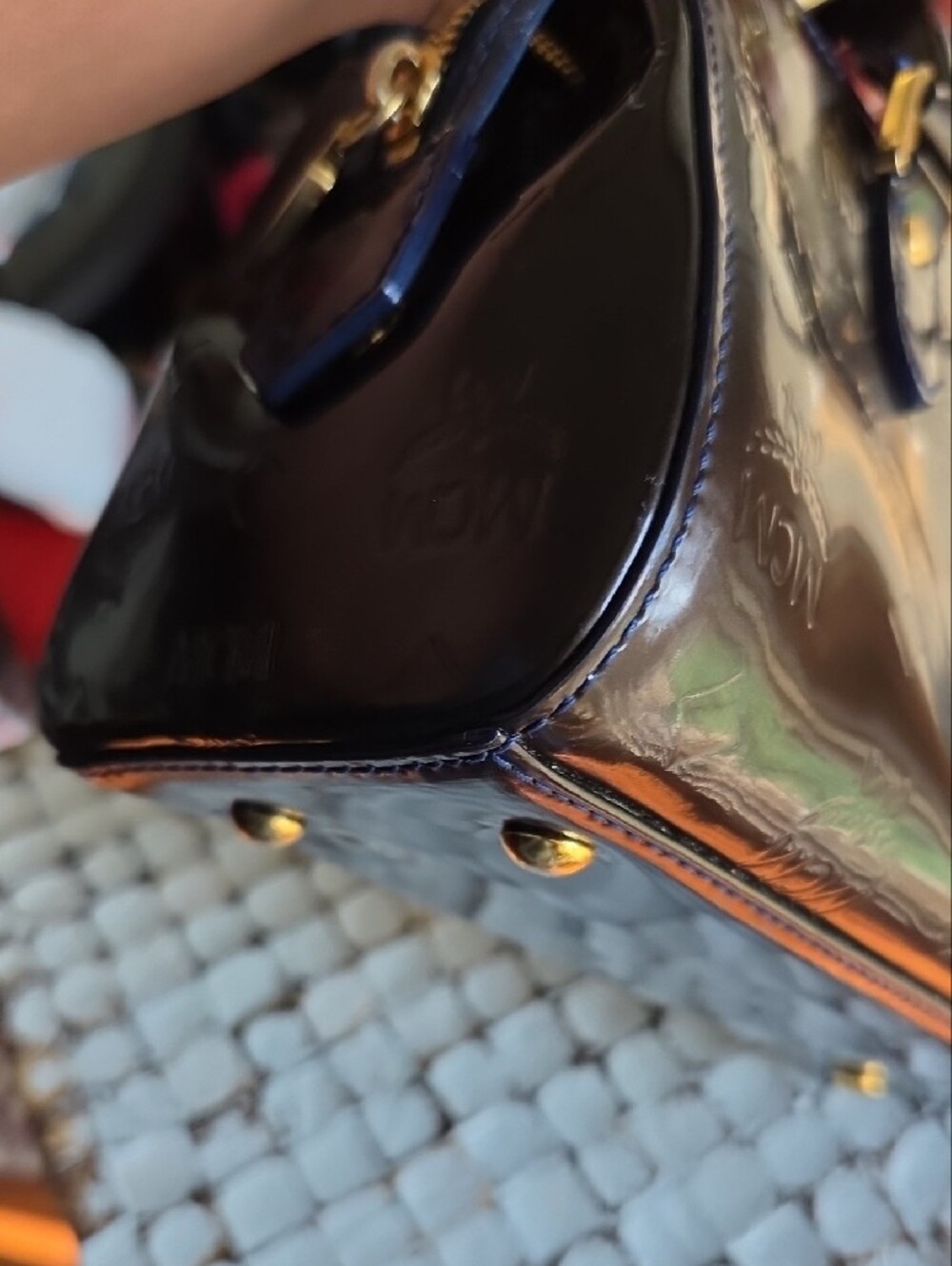 MCM Mini Olive Green & Blue Patent Leather Top-Handle Mini Crossbody - Picture 9 of 16